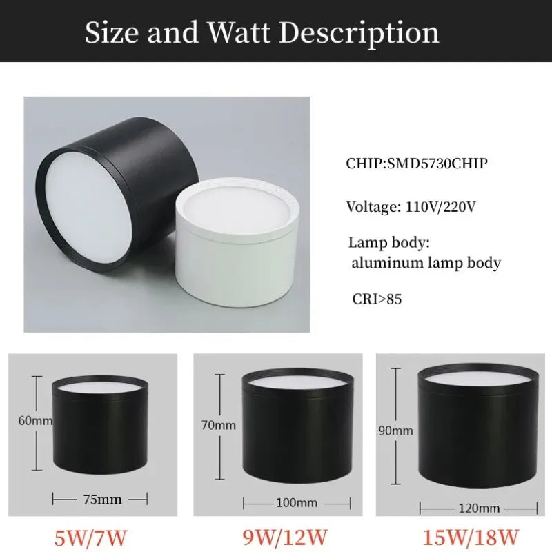 Surface Mounted LED Ceiling light SMD5730 5W7W9W12W15W18W Hotel Office Home Decoration AC85-265V LED Downlights