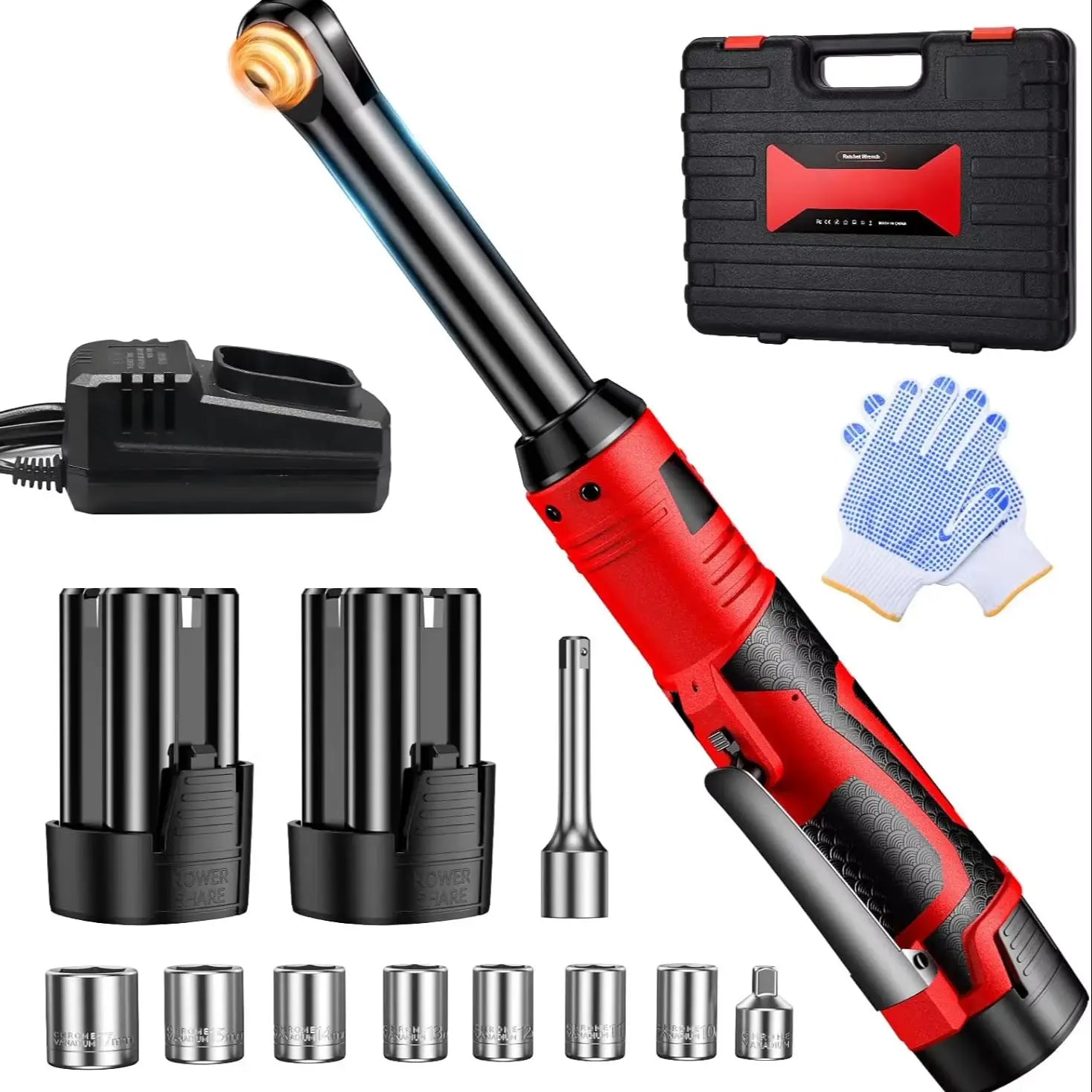 16.8V/18V Cordless Right Angle Ratchet Wrench 450RPM 3/8 Inch Drive Electric Wrench Portable Nut Disassembly Spanner Car Motorcycle Bicycle Repair Maintenance Hand Tool With 2 Lithium Batteries