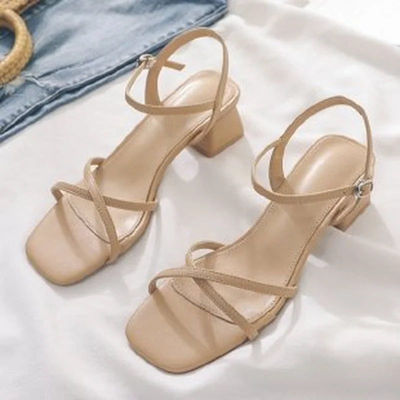 Comemore Comfortable 2023 Summer Block Heel Women's Sandals Girl Shoes Black Outer Wear Fashion Elegant Medium Heels Footwear 40