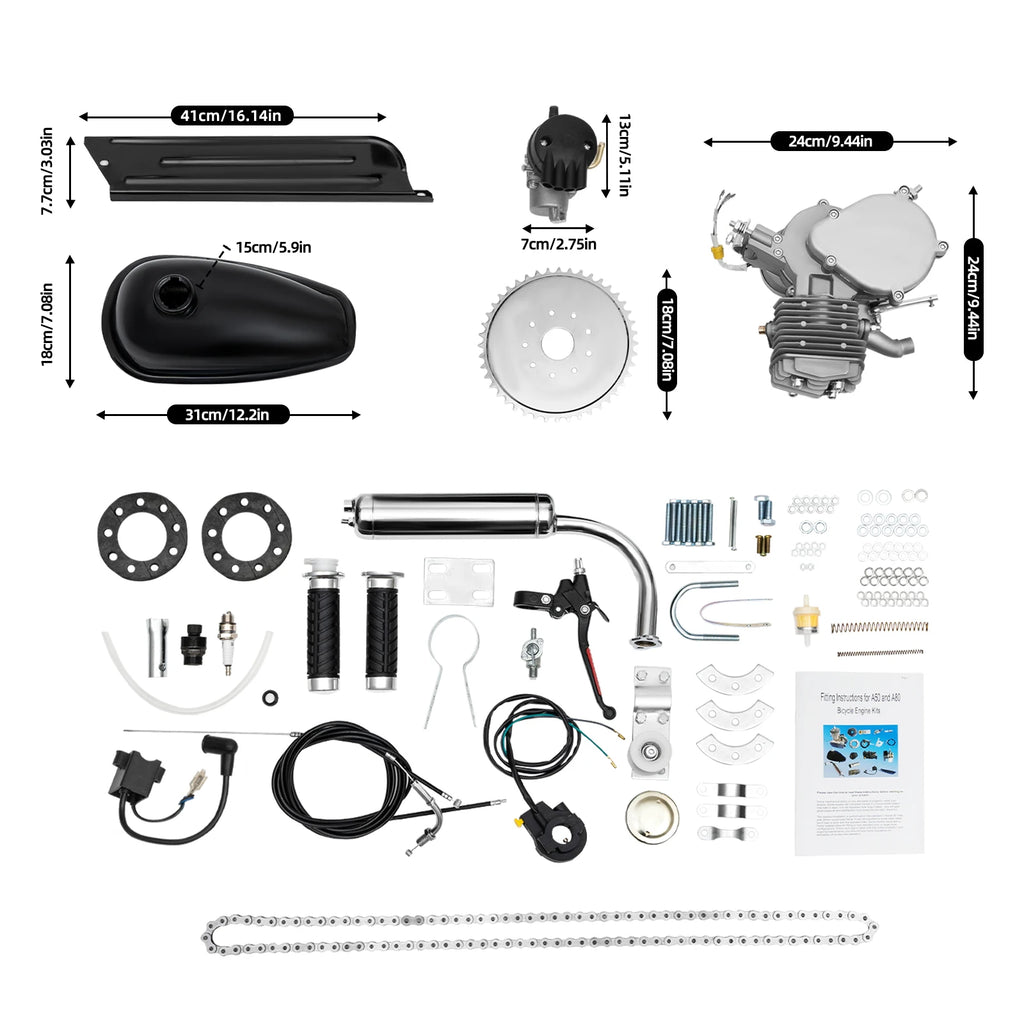 80cc 2-Stroke Bicycle Gas Engine Kit,40km/h Petrol Motorized Bike Motor with 2L Tank,Fit for 26/28 Inch Bicycles,180kg Load