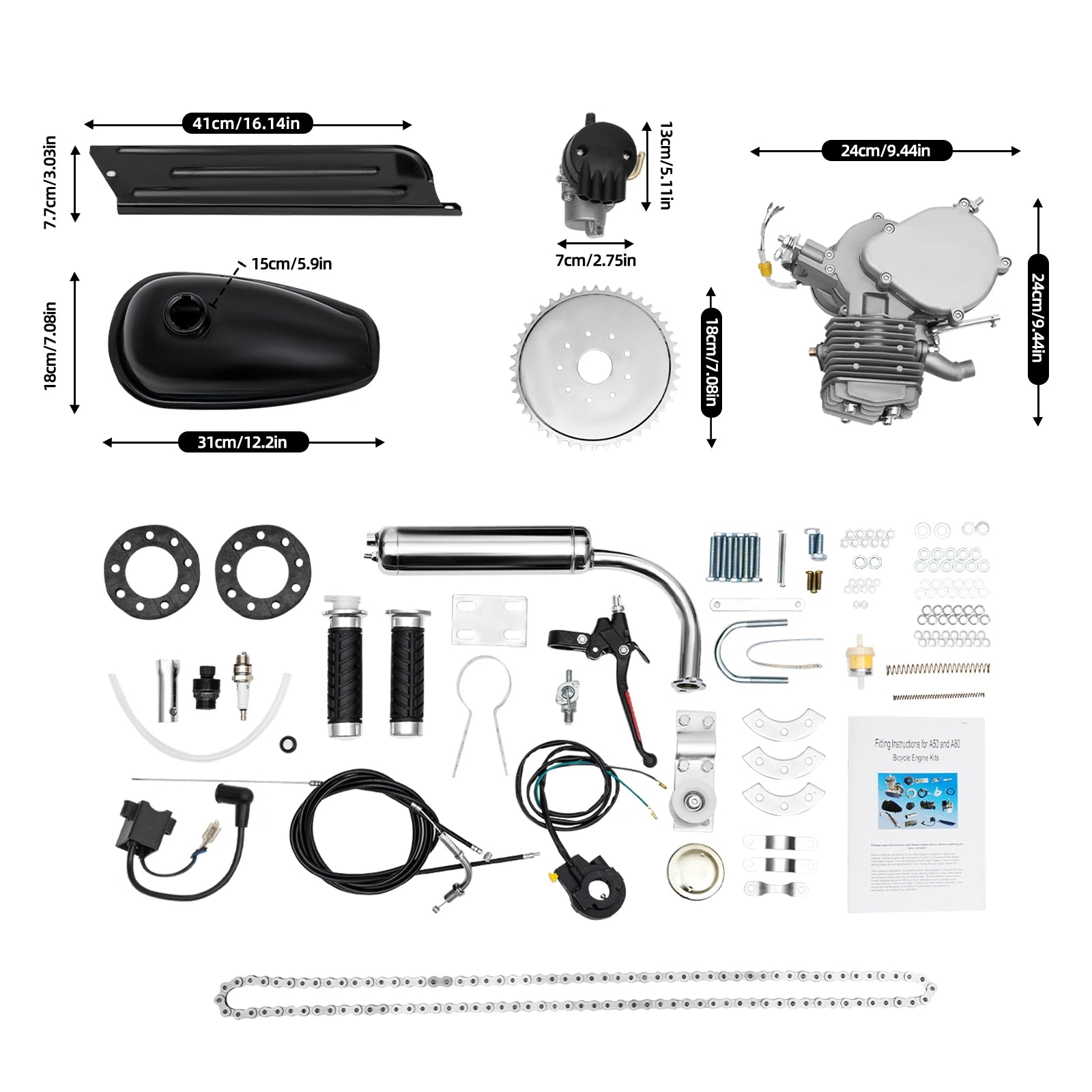 80cc 2-Stroke Bicycle Gas Engine Kit,40km/h Petrol Motorized Bike Motor with 2L Tank,Fit for 26/28 Inch Bicycles,180kg Load