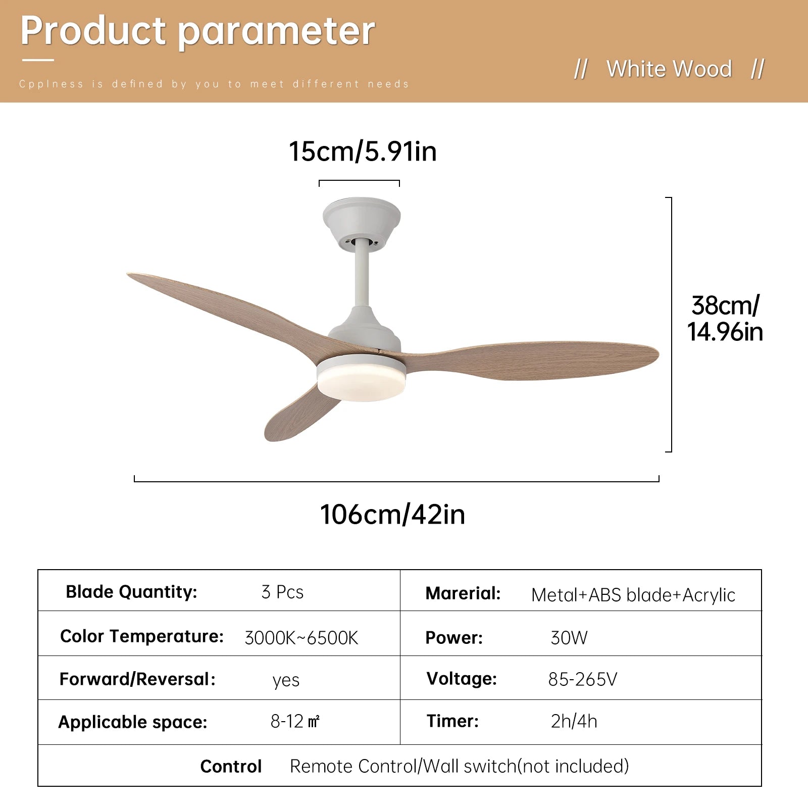 Ventilateur de plafond avec lumière, Ventilateur de plafond discret de 25 pouces/42 pouces/52 pouces avec télécommande, Pour intérieur et extérieur couvert