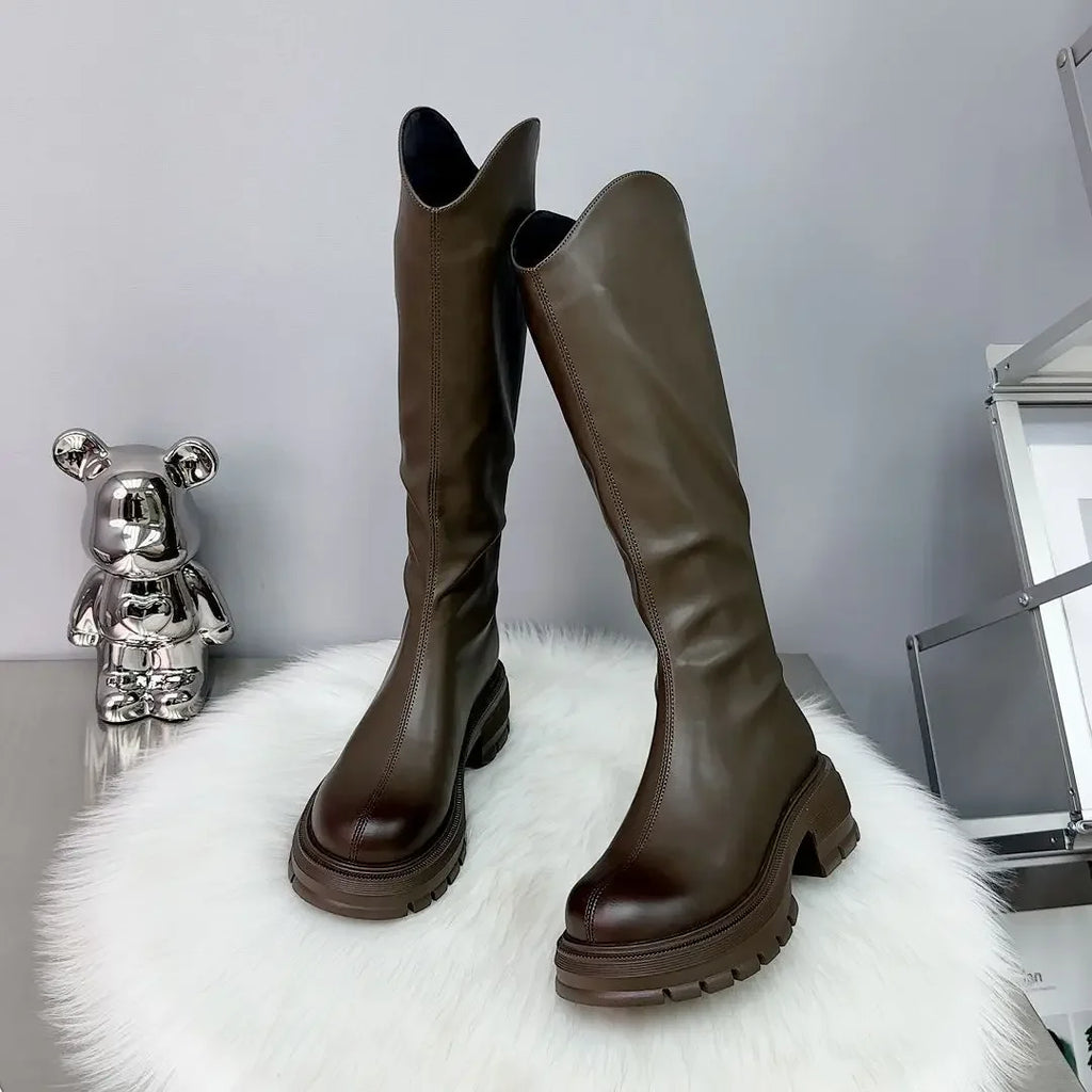 2025 Woman's Boots Autumn New Fashion Platform Long Pipe Knight Boots Casual Women's Medium Heel Knee High Boots Botas Mujer