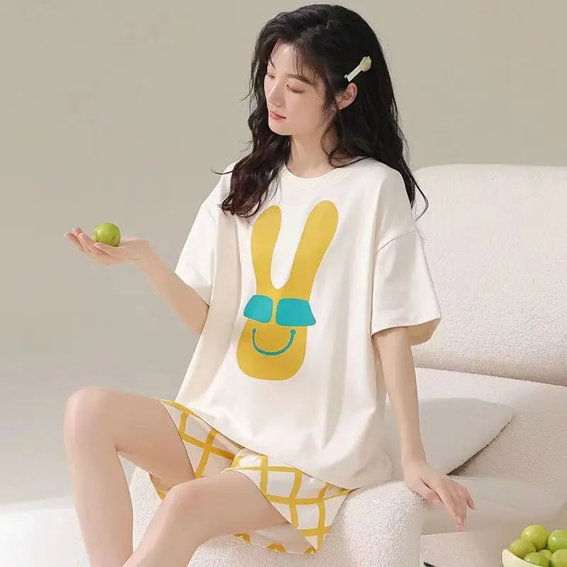 Women's Summer Short-Sleeved Short Pants Set, Youthful Teenage Student Oversized Loose-Fitting Casual Homewear Summer Set