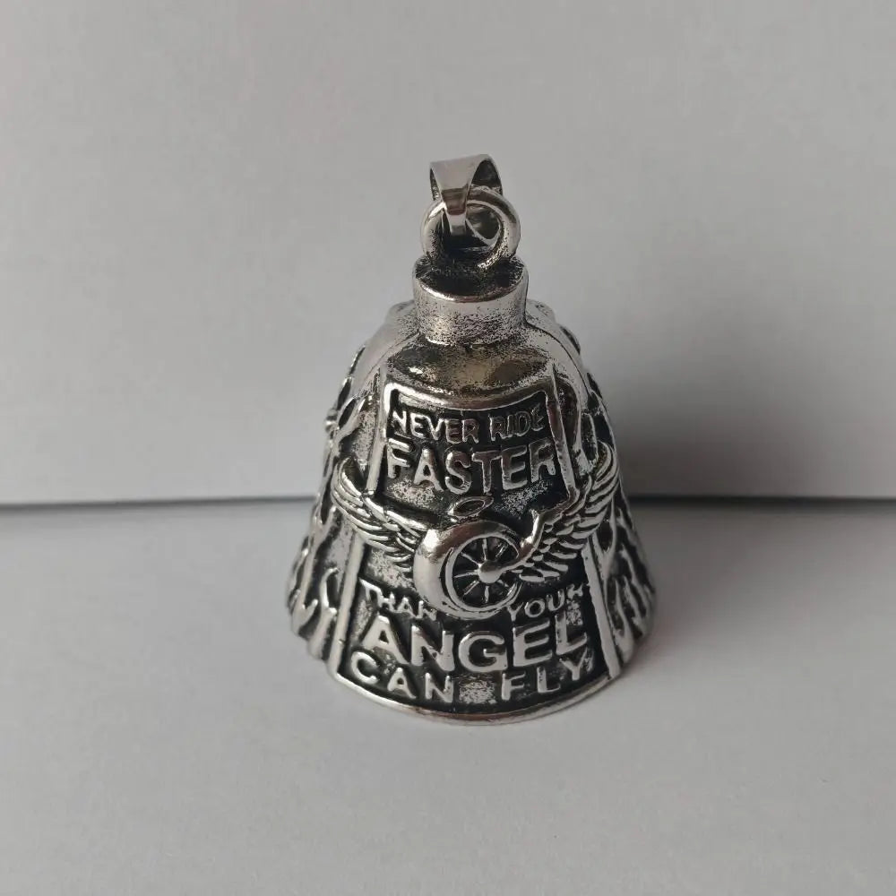 Vintage 3D Design Motorcycle Guardian Bell Retro Punk Style Angel Pendant Bell Alloy Wing Design Evil Spirit Trap Bell Men