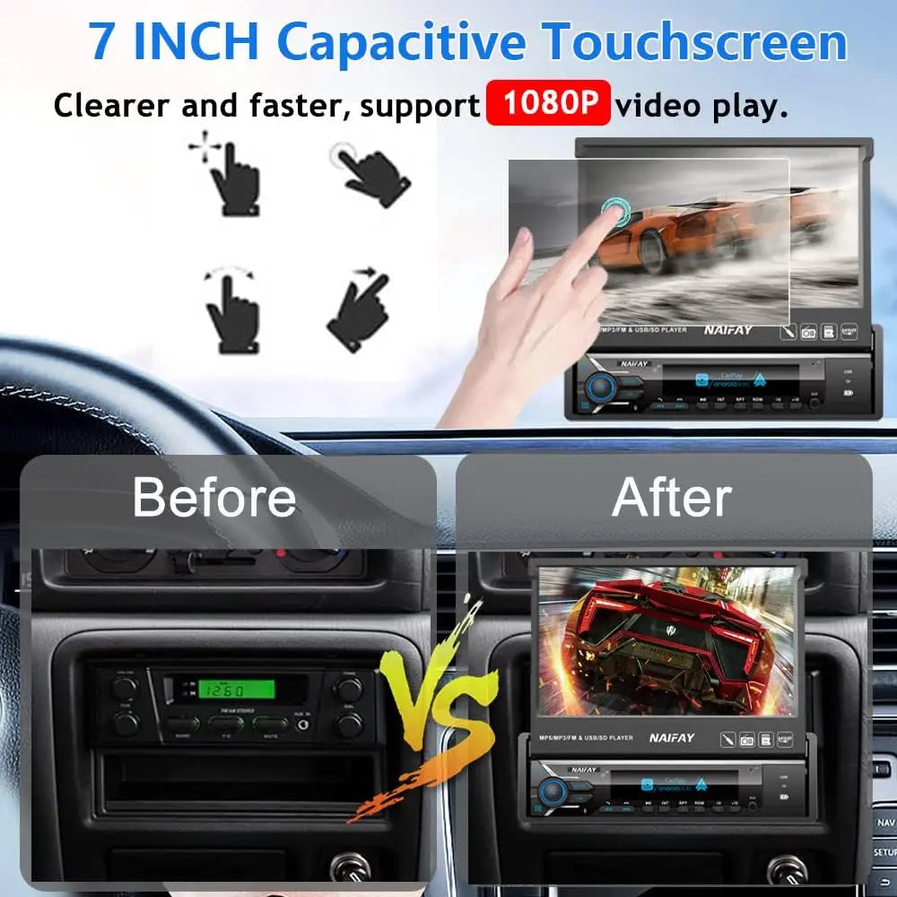 7" Flip Out Car Stereo with Carplay & Android Auto, Bluetooth, Backup Camera, FM Radio