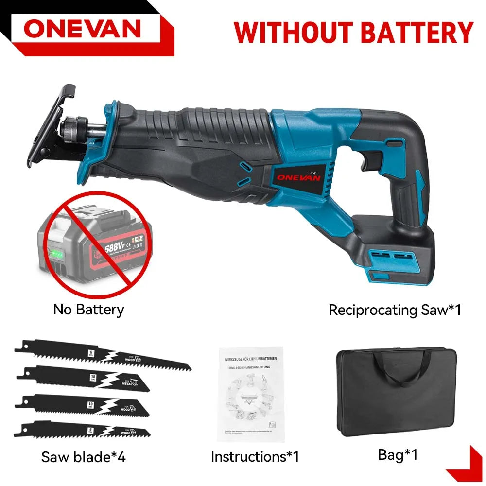 ONEVAN Scie sabre électrique 3000W 10000SPM, tronçonneuse électrique, outil de coupe sans fil pour batterie Makita 18V à broche