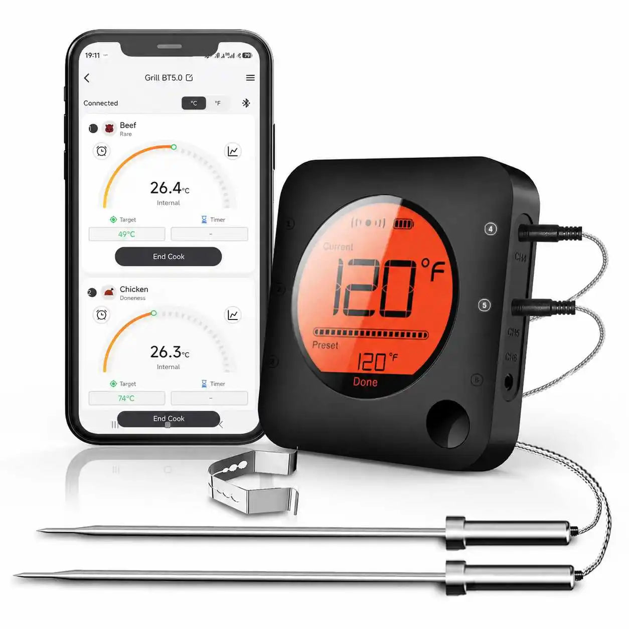 Bluetooth Meat Thermometer Digital BBQ Kitchen Thermometer Support 6 Probe for Smoker Cooking Grill Oven Candy