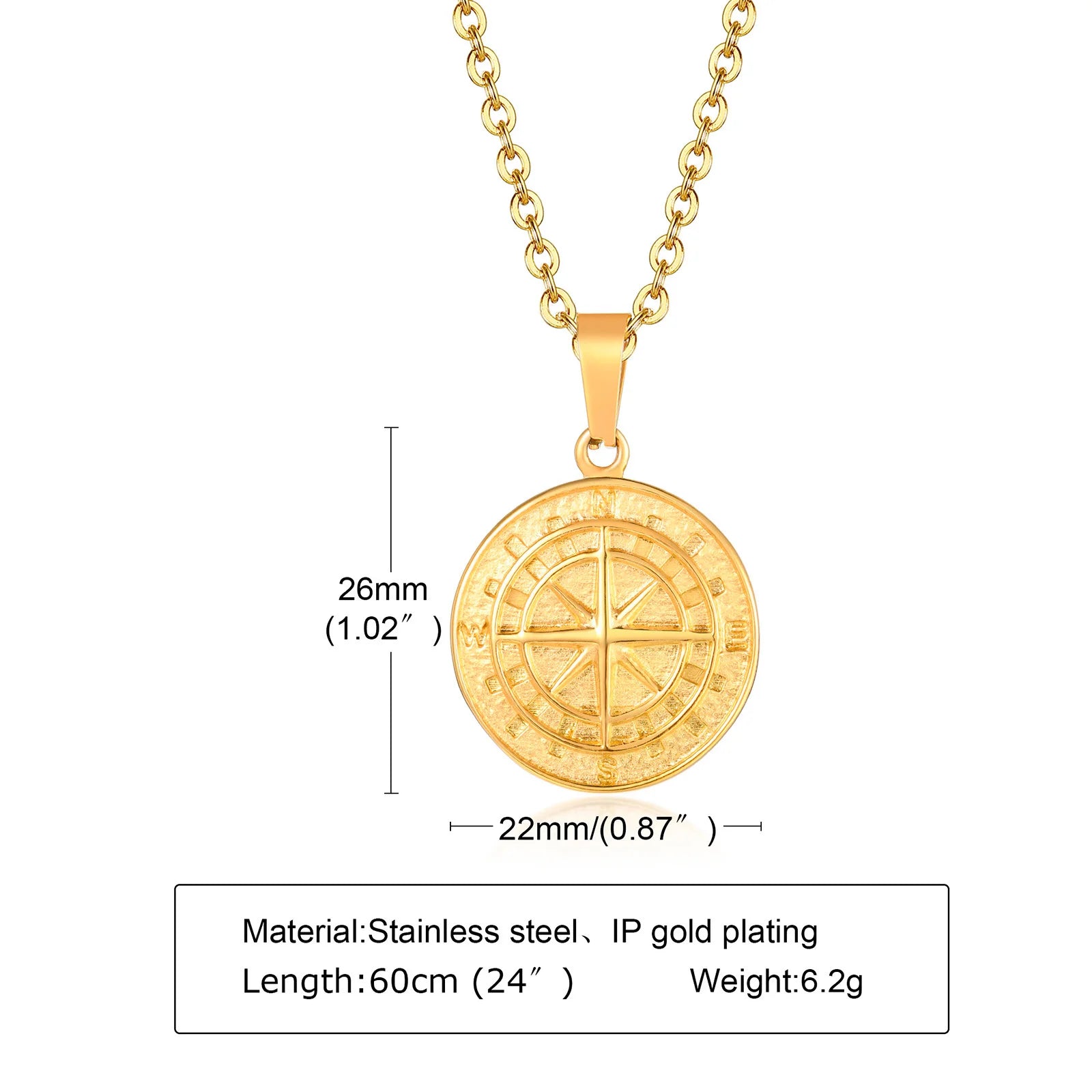Vintage Compass Pendant Necklaces for Men Boys, Stainless Steel Coin Necklace, Rock Hiphop Collar Graduation Guide Gift