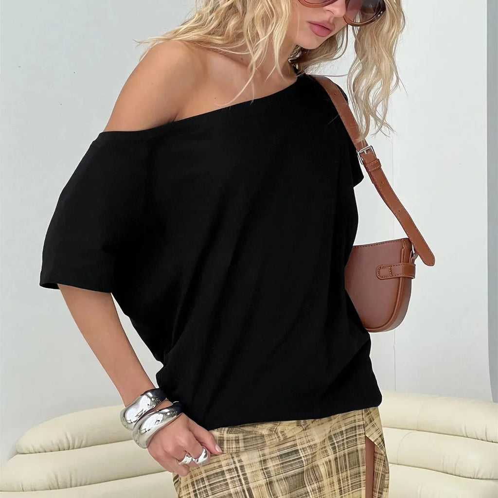 Womens Solid Striped Off One Shoulder Short Sleeve T Shirt Y2k Cute Sweet Fairy Vintage Aesthetic Preppy Summer Casual Tee Tops