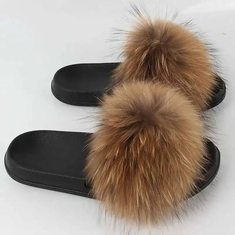 Real Raccoon Fur Slippers For Women 2023 Summer Fluffy Indoor House Fuzzy Flat Slides Outdoor Fashion Beach Sandals Flip Flops