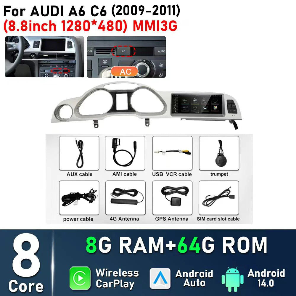 8.8inch Android 14 For Audi A6 C6 2005 - 2008 MMI 2G 2009 - 2011 MMI3G Car Radio Multimedia Player Navigation GPS Stereo CarPlay