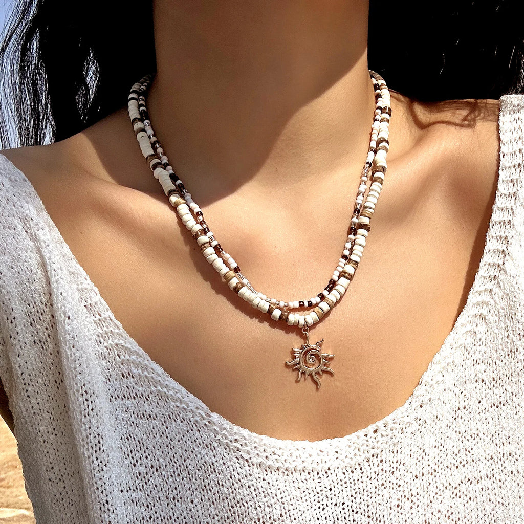 Bohemian Coconut Shell Wooden Beaded Necklace For Women Men Vintage Tribal Sun Pendant Choker Beach Party Holiday Charm Jewelry