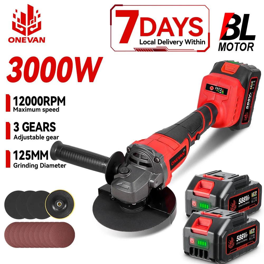 ONEVAN 3000W Brushless Electric Angle Grinder 3 Gear Cordless Cutting Metal Pipe Power Polish Tools For Makita 18V Battery Pin