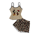 Ensemble 2 pièces femme Disney, débardeur caraco et short imprimé léopard motif dessin animé Mickey et Minnie, pyjama vêtement de nuit