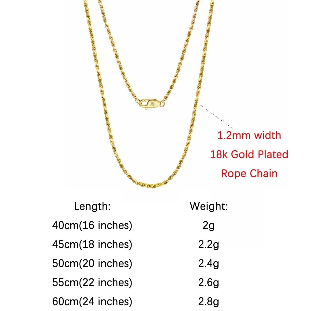 Rinntin 925 Sterling Silver Rope Chain 1.2MM 1.5MM 1.7MM 14k 18k Gold Plated Rope Chain Necklace Minimalism Jewelry Gift SC29