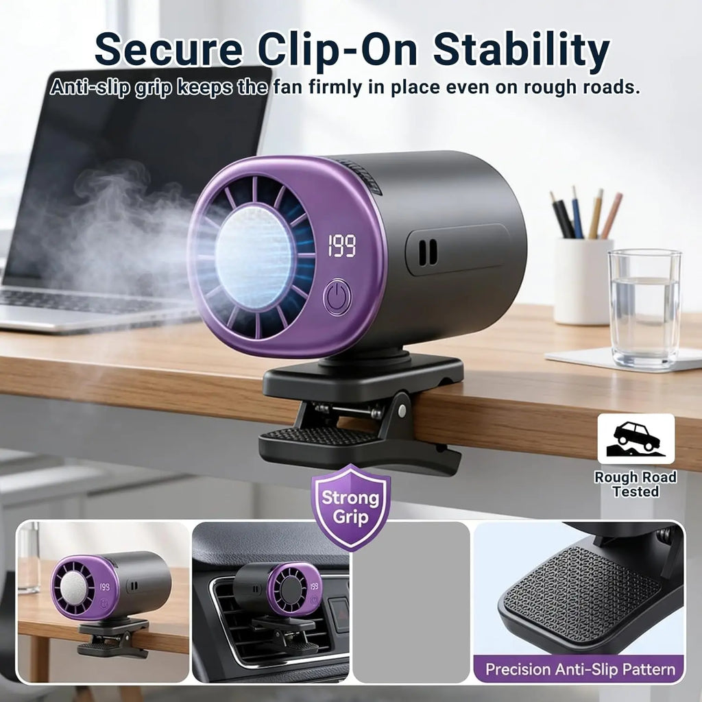 Ventilateur de climatisation portable à clipser pour voiture 2026 avec rotation à 360°, 199 vitesses réglables, rechargeable par USB, écran LED pour