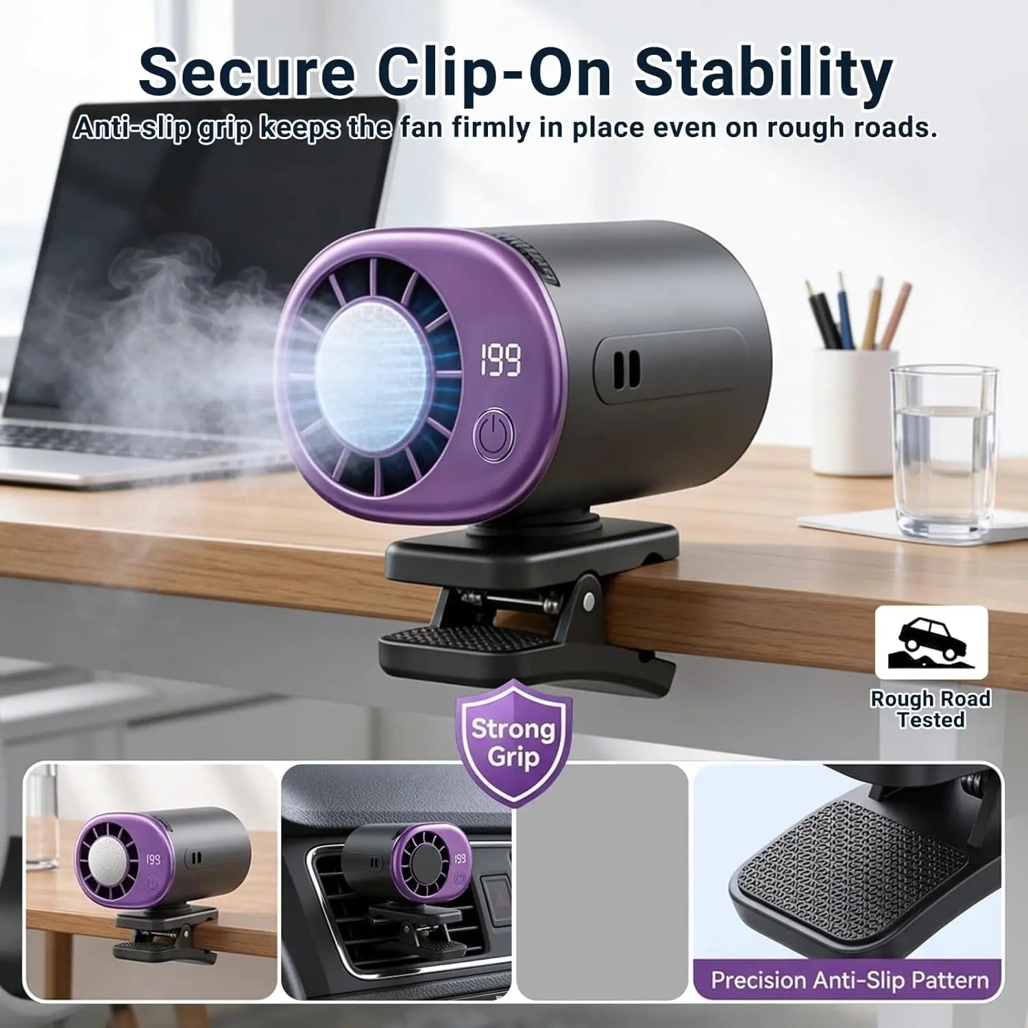 Ventilateur de climatisation portable à clipser pour voiture 2026 avec rotation à 360°, 199 vitesses réglables, rechargeable par USB, écran LED pour