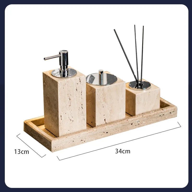 4Pcs Natural Travertine Bathroom Set Wabi Sabi Minimalist Soap Dispenser Tissue Box Luxury Hotel Show House Organizer Decor