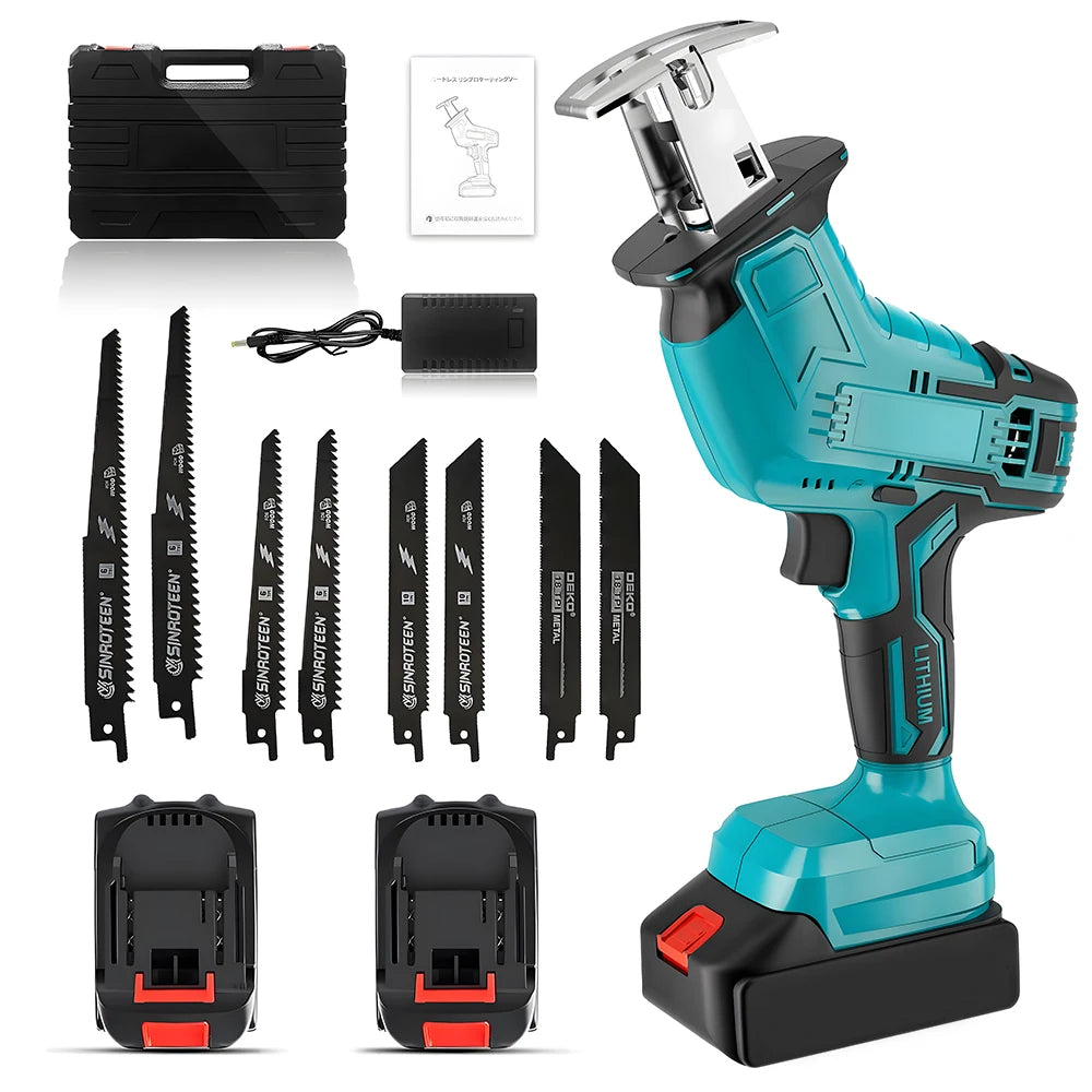 Podofo Electric Reciprocating Saw 21V Cordless Horse Knife Wood Metal Cutting Saw Portable Handheld Saw Power Tool add 2 Battery