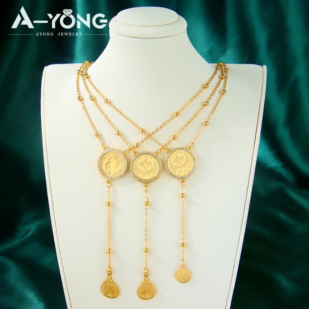 Italian Fashion Zirconia Necklace 21k Gold Plated Arabic Fashion Coins Pendant Chains Dubai Women Vintage Ayatul Kursi Jewelry