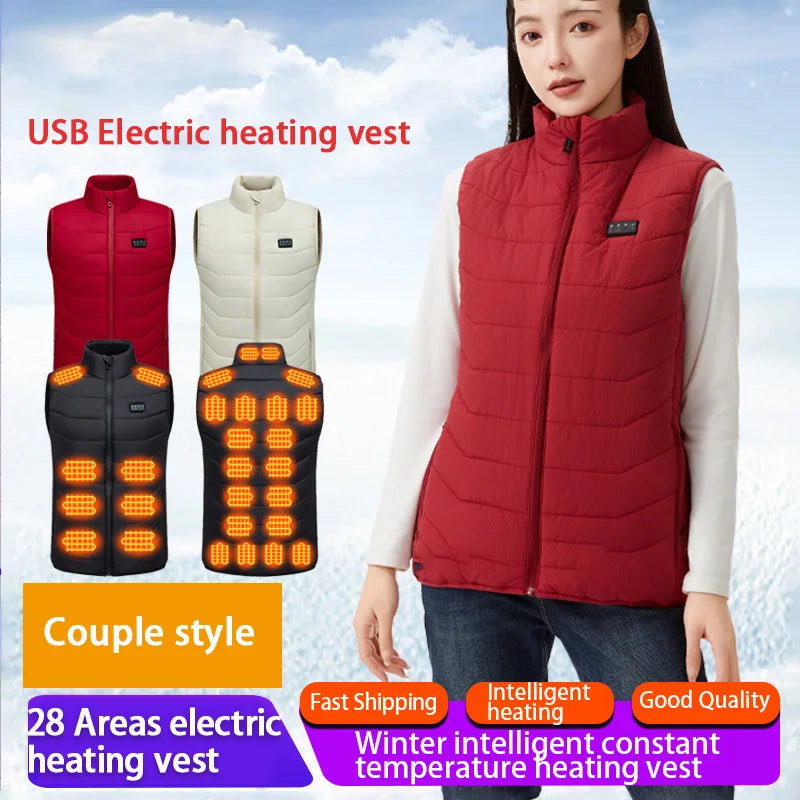 New Loose Casual Stand Up Collar 28 Areas Intelligent Heating Vest for Women Men Winter Thermal Electric Heating Jacket Coat