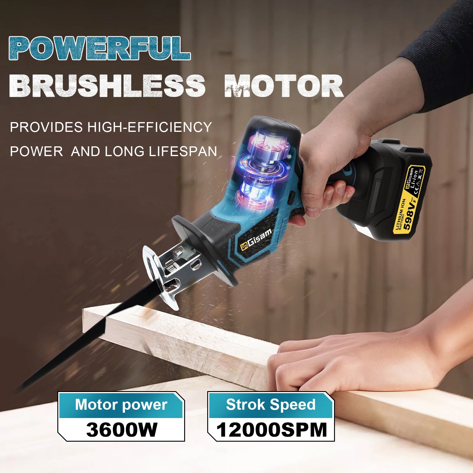 Gisam 12000Spm Brushless Reciprocating Saw 3600W Cordless Electric Chainsaw Wood Metal Cutting Tools For Makita 18V Battery Pins