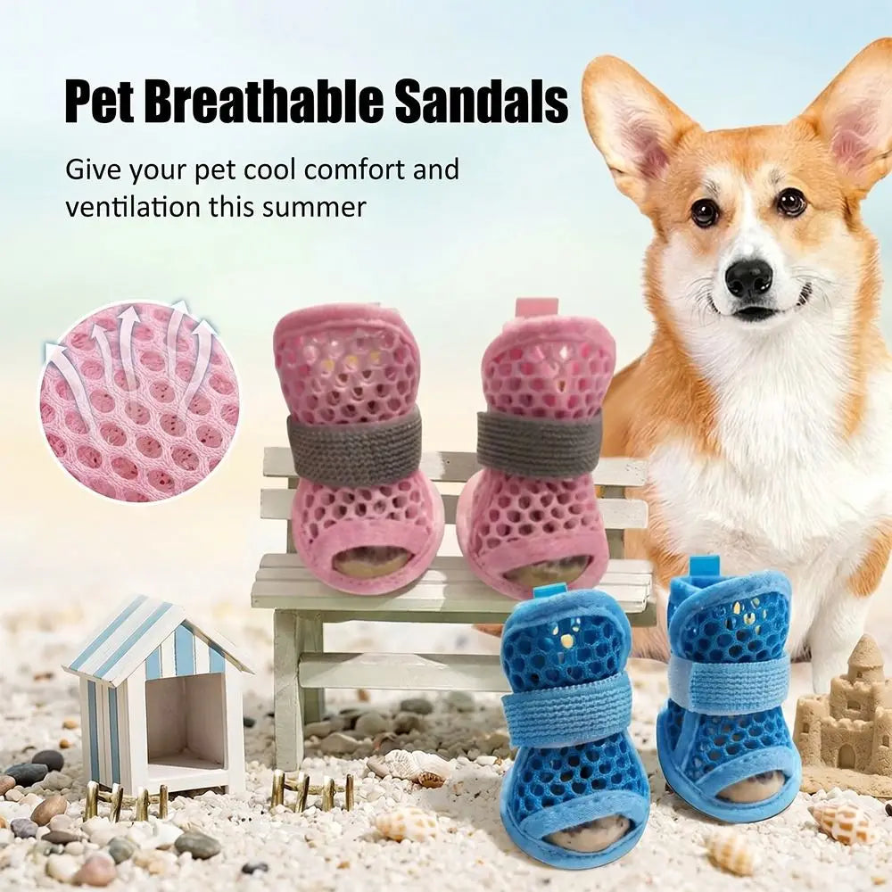 4Pcs Portable Mesh Dog Shoes Soft-sole Non-slip Cooling Dog Boots Wear-resistant Breathable Dog Foot Cover Summer
