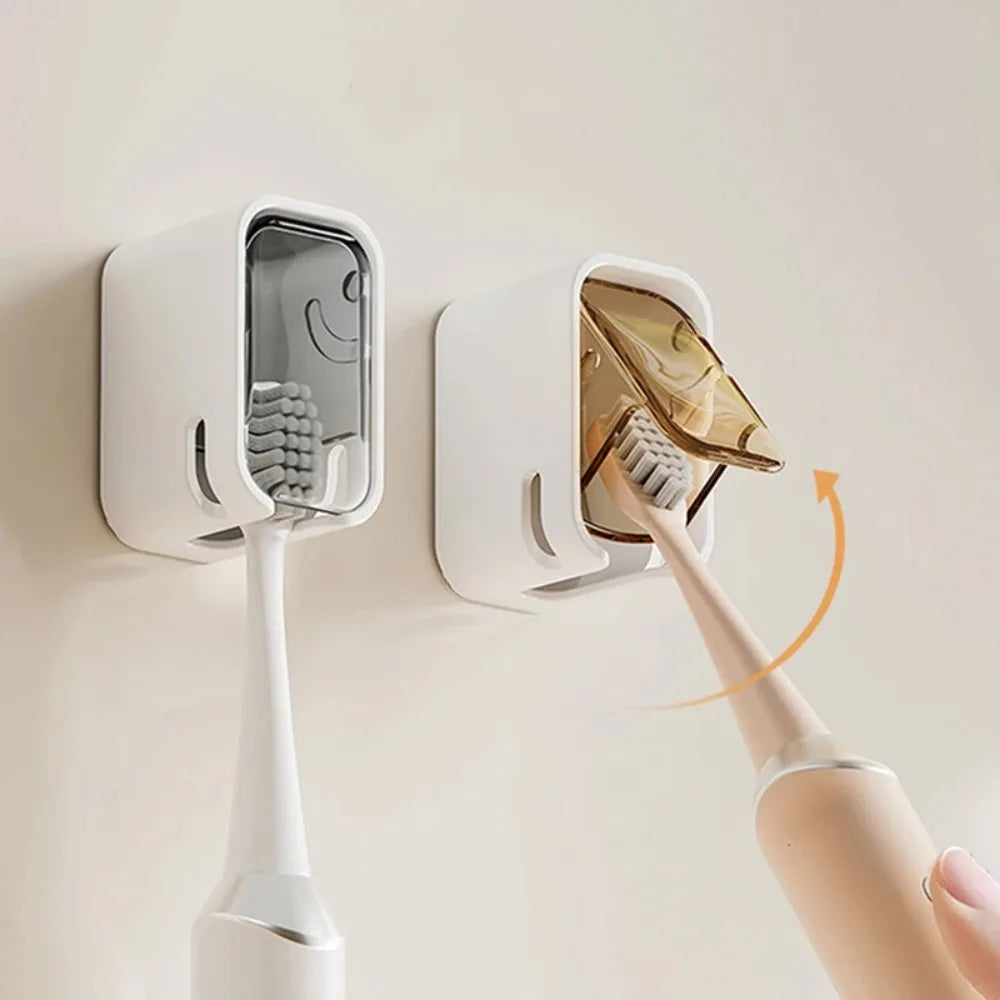 2PCS Toothbrush Holder Flip-top Wall Mounted Toothbrush Rack Dustproof Toothbrush Storage Box Bathroom Electric Toothbrush Shelf