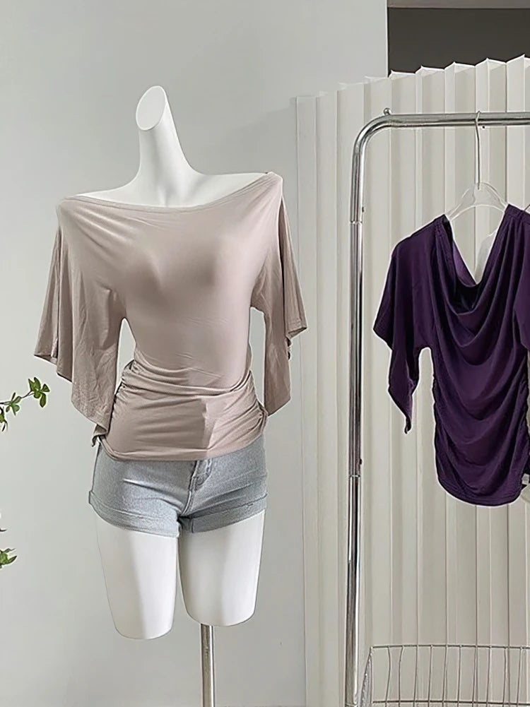 T-shirt d'été sexy à épaules dénudées pour femme, élégant, manches chauve-souris courtes, col bénitier, hauts coréens chics, t-shirt moulant pour femme 2025 nouveau