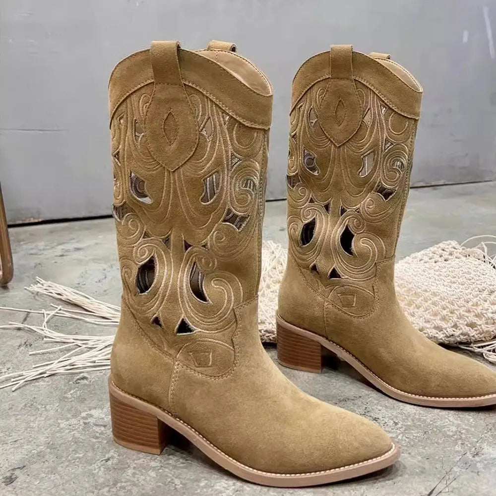 2026 Women's Summer Retro Round Toe Chunky Heels Vegan Suede Western Boots with Hollow Design and Rivets Cowboy Boots Shoes