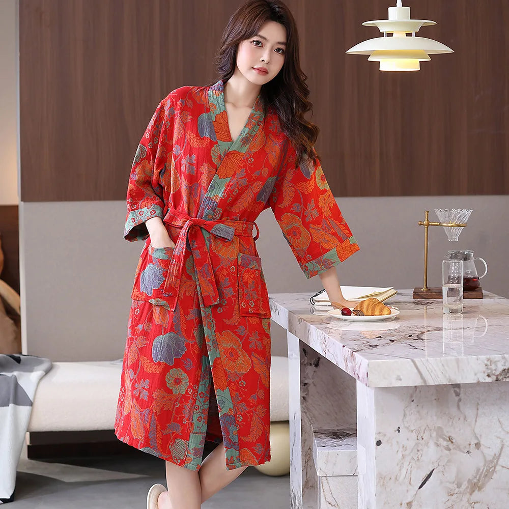 Spring and Summer Thin Cotton Double-layer Bathrobe Pajamas Home Wear Ladies's Absorbent Quick Drying Yukata Robes
