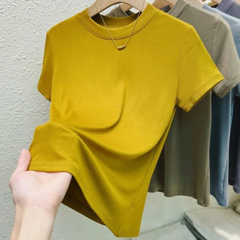 T-Shirt Femme Col Rond Chic Décontracté Urbain Grande Taille Haut Uni Sexy Slim Été Manches Courtes Vêtements Femme