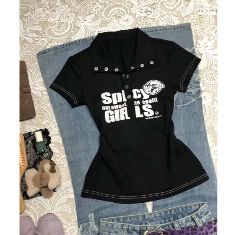 Y2K Japanese Streetwear Polo Shirt Women Slim Crop Tee 2025 White Short Sleeve Tops Letter Badge Houndstooth Vintage Harajuku