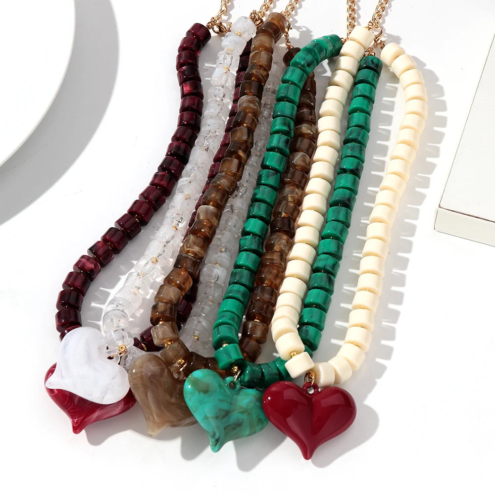 Trendy Acrylic Colorful Beads Heart Pendant Choker Necklaces Fashion Geometric Beads Collar Necklace Jewelry Gifts