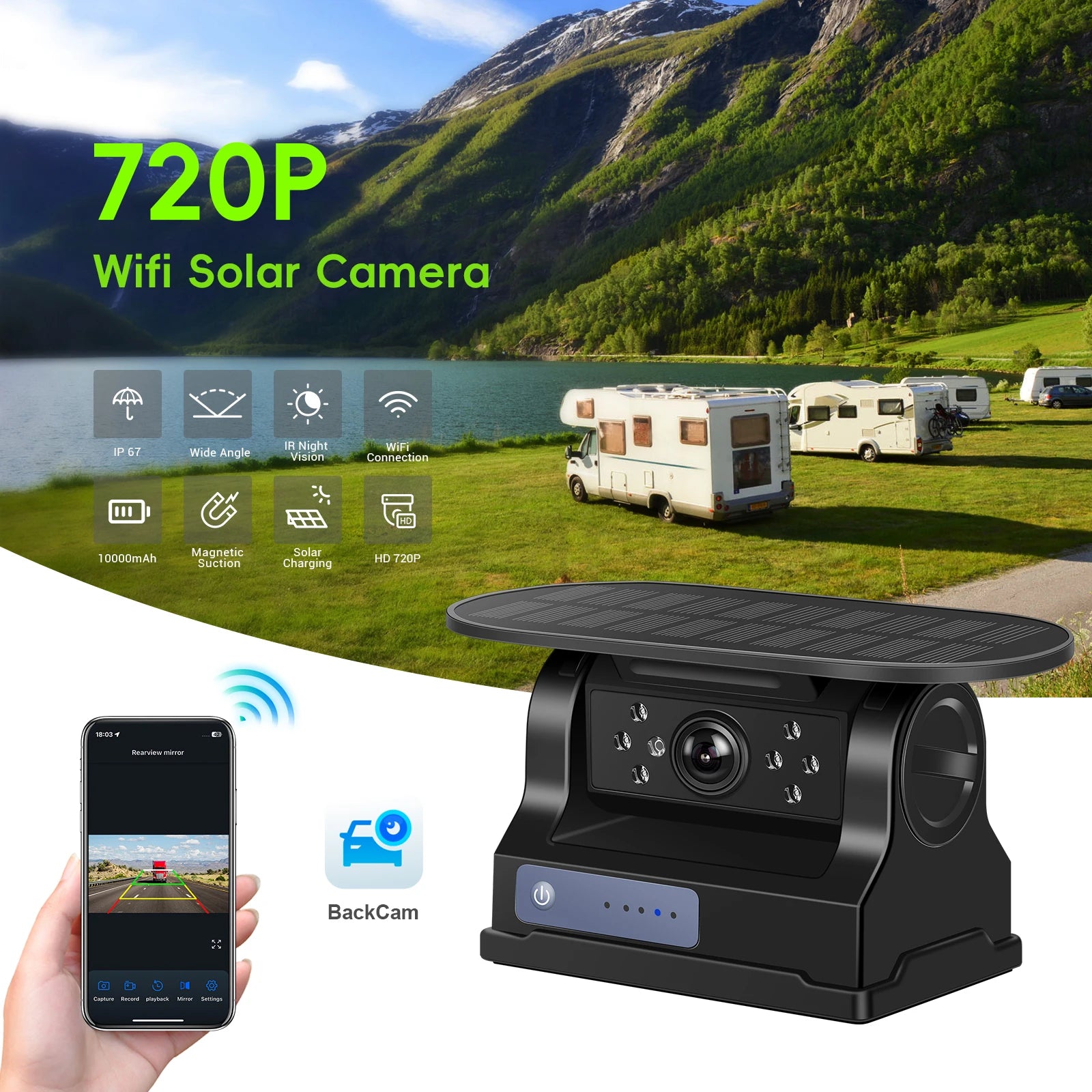 Leekooluu WiFi HD Car Camera Wireless Solar Panel 720P Infrared Night Vision Magnetic Camera IP67 Waterproof Front Rear View DVR