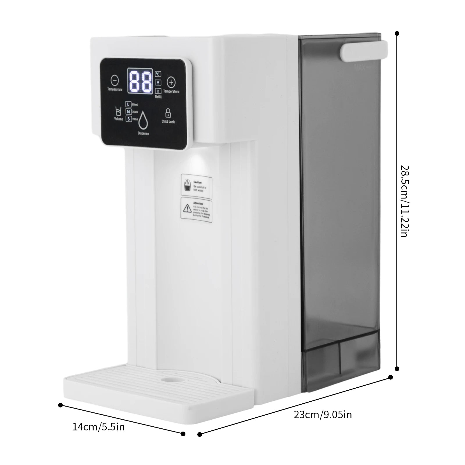 Distributeur d'eau chaude instantanée de bureau rectangulaire ABS PS 444 Acier inoxydable Silicone 110V Prise US 1500W Capacité 3L Sortie d'eau quantitative 200ml 350ml 500ml Faible bruit Cordon d'alimentation 1m Distributeur d'eau électrique de comptoir