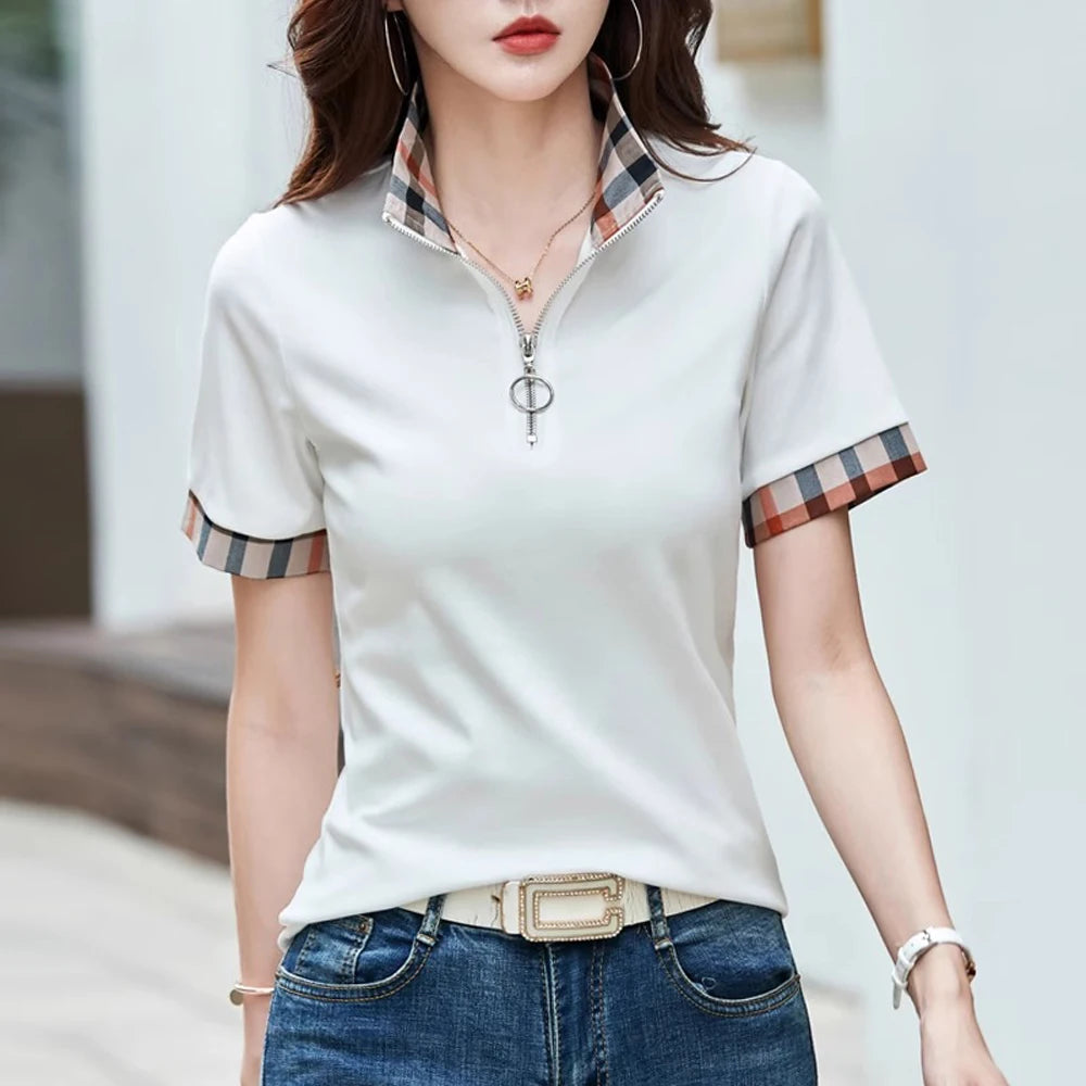 T-shirt à carreaux et col polo à manches courtes style européen pour femme, nouvelle mode estivale, haut ample en coton pur, léger et luxueux