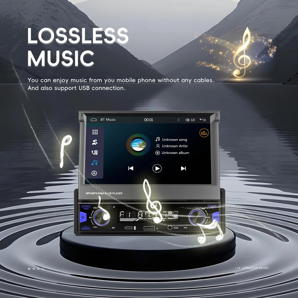 Podofo 7'' 1Din Retractable Screen EQ Sound FM/AM/RDS Multimedia Player Carplay Android Auto Bluetooth Type-C USB SWC Car Audio