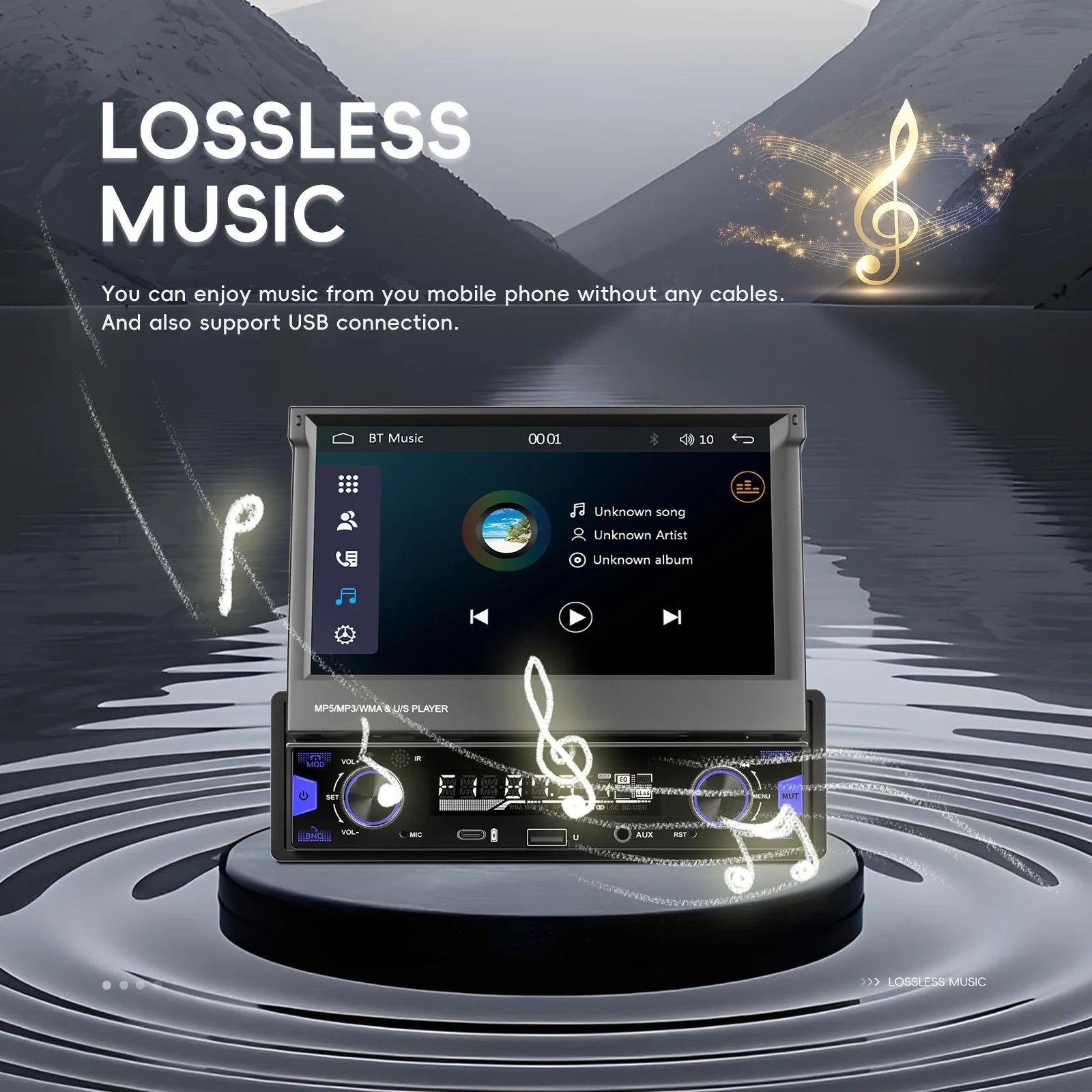Podofo 7'' 1Din Retractable Screen EQ Sound FM/AM/RDS Multimedia Player Carplay Android Auto Bluetooth Type-C USB SWC Car Audio