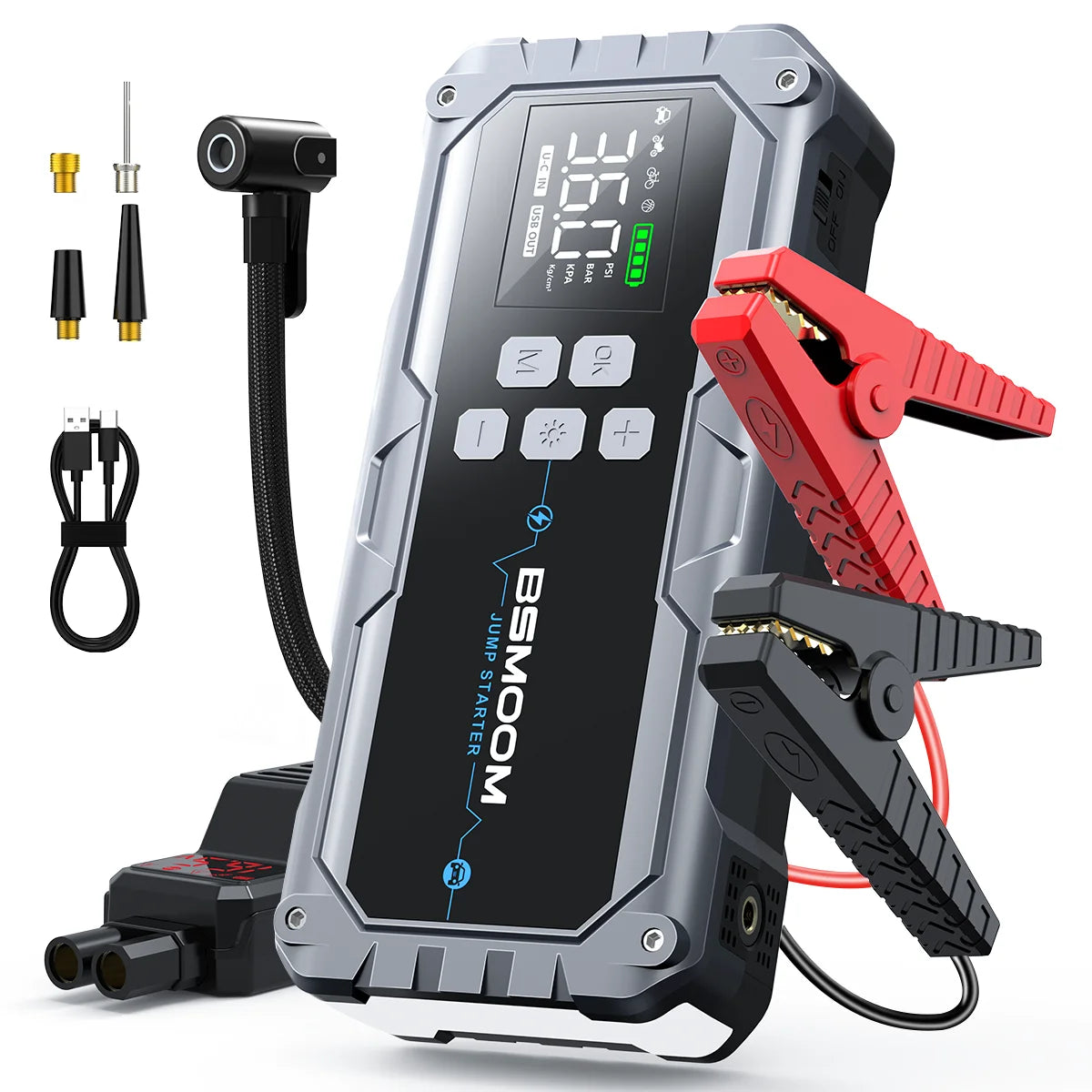 1500A car starter with air compressor, tire inflator without thread, battery booster with external battery pack and LED flashlights, 12V Automatic Start box for tous 10.0L petrol or diesel vehicles