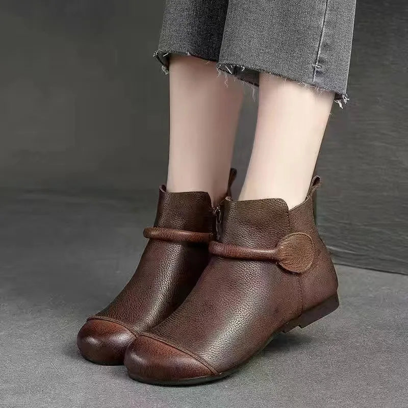 Retro Women Short Ankle Boots Autumn Winter Faux Cow Leather Slip-on Shoes Handmade Round Toe Light Weight Flat Booties