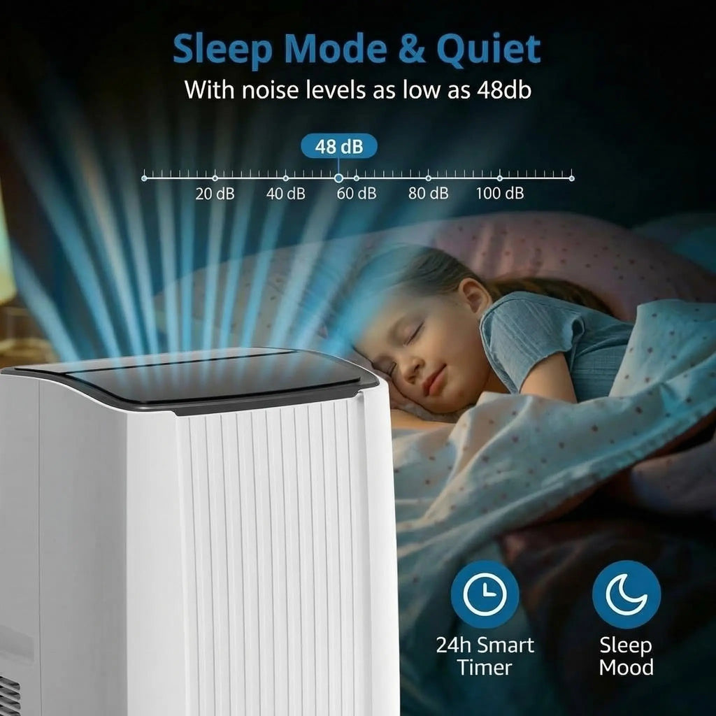 Climatiseur portable 14000 BTU, unité de climatisation 3 en 1 avec ventilateur, déshumidificateur et silencieux 48 dB, télécommande, rafraîchit jusqu'à 70 m², minuterie 24h, kits de fenêtre inclus pour chambre, bureau et dortoir