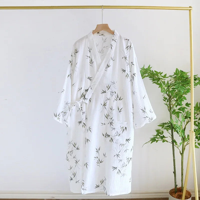 Cotton Fabric Bamboo Printed Sleepwear Bathrobes for Women Spring and Summer Double-layer Thin Home Clothing Pyjamas Robes