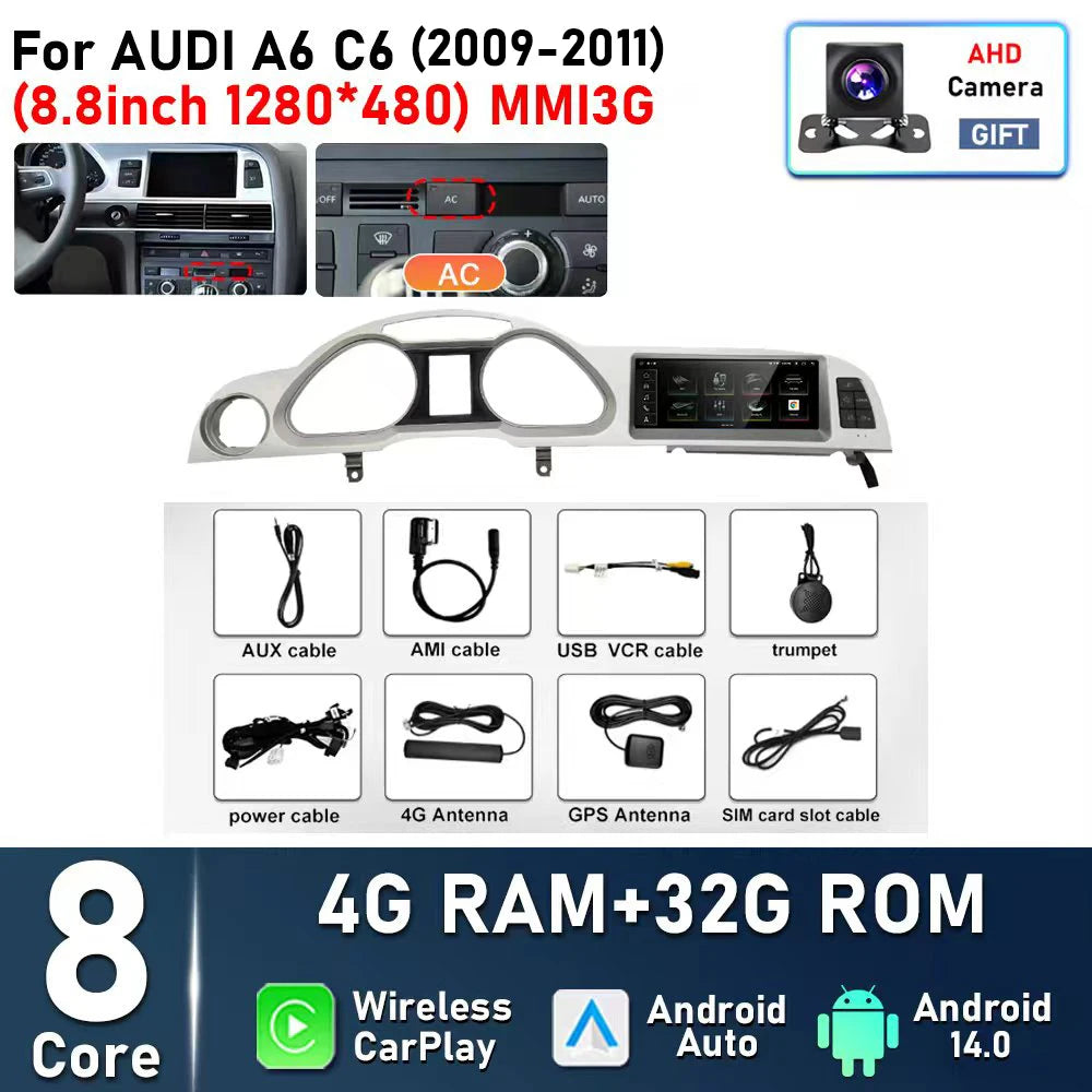 8.8inch Android 14 For Audi A6 C6 2005 - 2008 MMI 2G 2009 - 2011 MMI3G Car Radio Multimedia Player Navigation GPS Stereo CarPlay