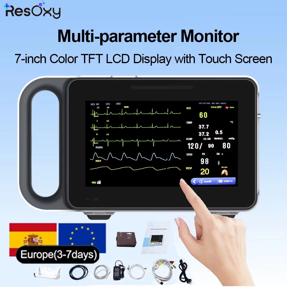 Resoxy Medical Vital Signs Monitor Portable Rechargeable Patient Monitor with Touch Screen ECG RESP NIBP TEMP HR Clinic Hospital