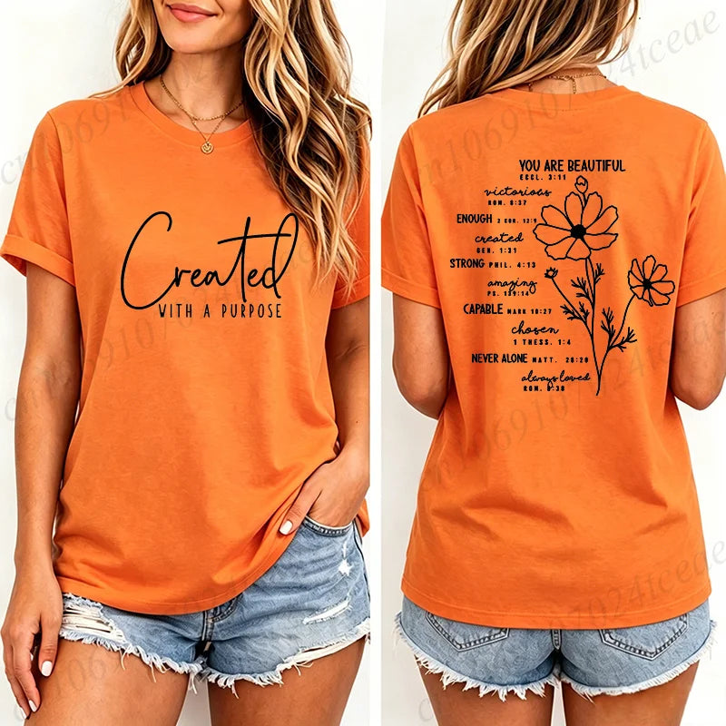 Fashion Women T Shirts Created with A Purpose Print Short Sleeve T-Shirt Faith Aesthetic Tee T-Shirts Inspirational Shirts Tops
