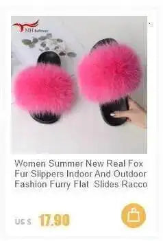 Real Raccoon Fur Slippers For Women 2023 Summer Fluffy Indoor House Fuzzy Flat Slides Outdoor Fashion Beach Sandals Flip Flops