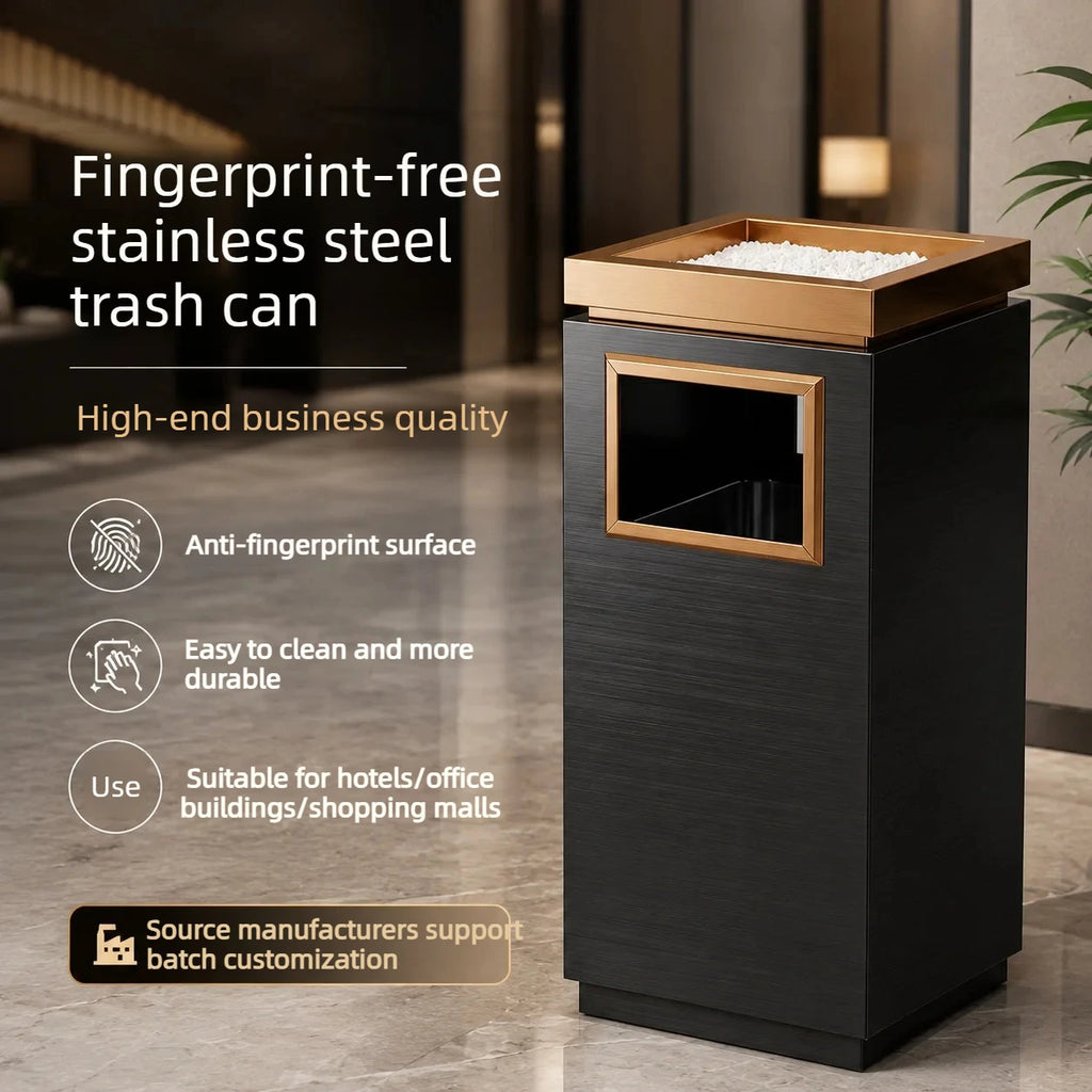 30x30x72cm Stainless Steel Trash Can Commercial Hotel Lobby Elevator Entrance Public Corridor Vertical Waste Bin with Ashtray