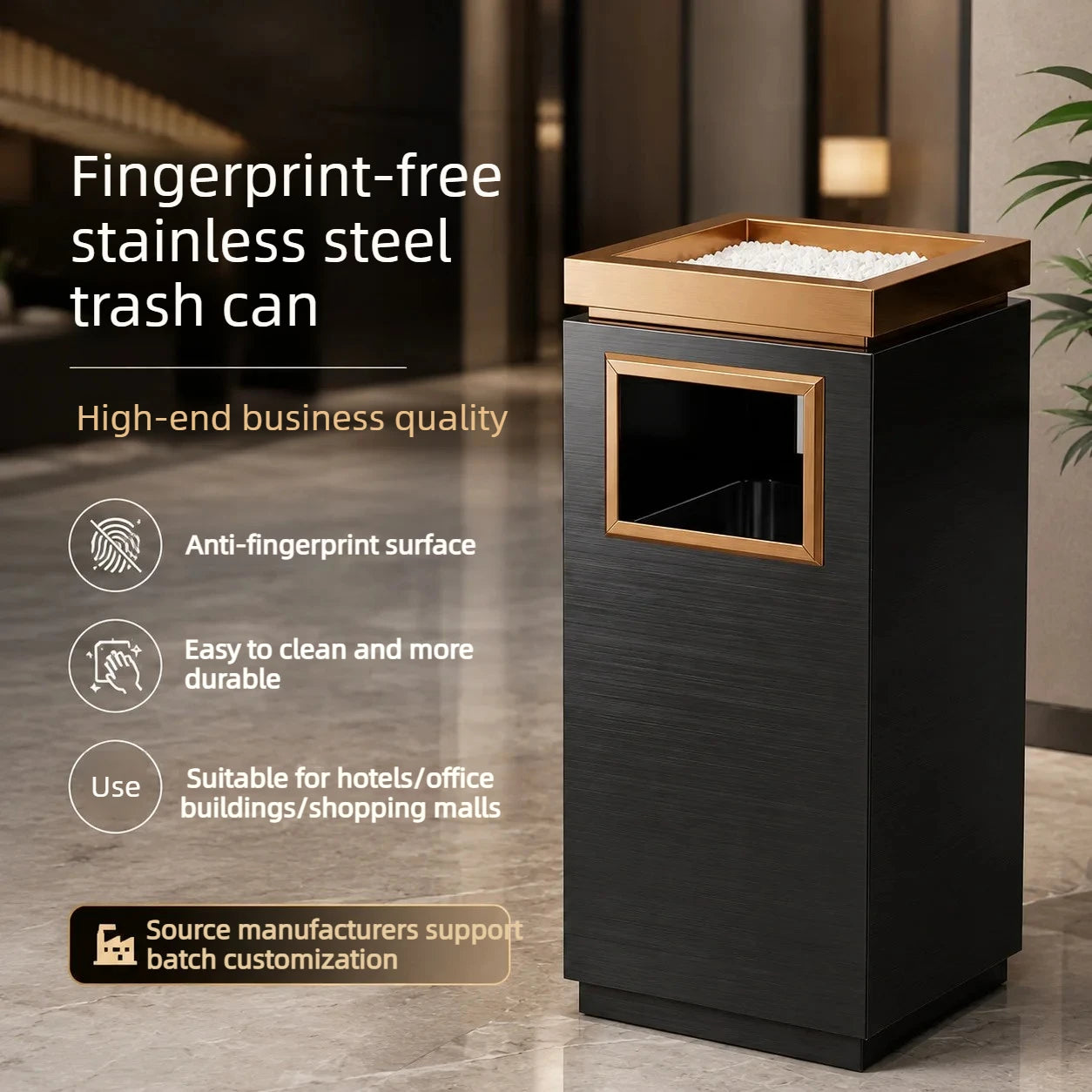30x30x72cm Stainless Steel Trash Can Commercial Hotel Lobby Elevator Entrance Public Corridor Vertical Waste Bin with Ashtray